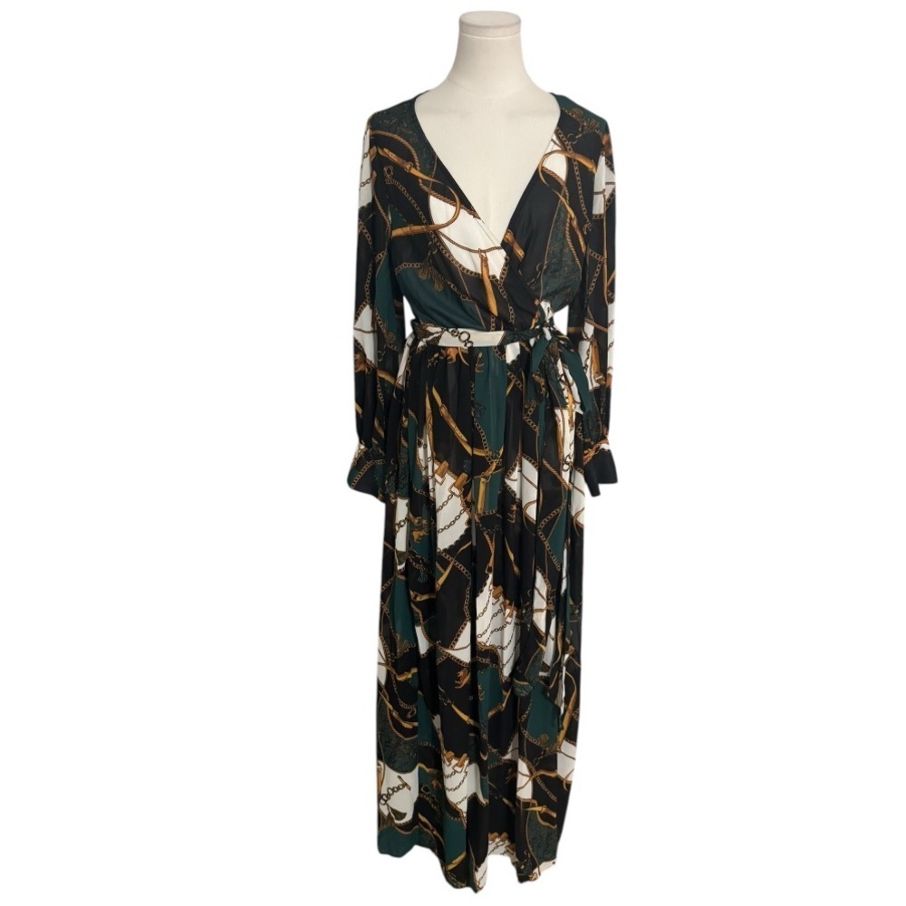 LOVE CULTURE Wrap Style Green Maxi Dress Size M Gold Chain Print V Neck Party